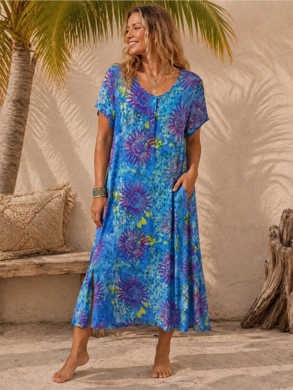 Vintage Tropical Print Maxi Dress | Boho Beach Resort Caftan Dress